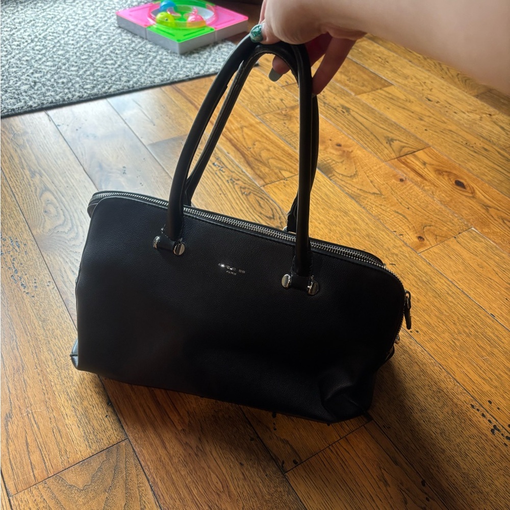 David Jones Paris Women’s Large Black Leather Handbag with Gold Hardware
